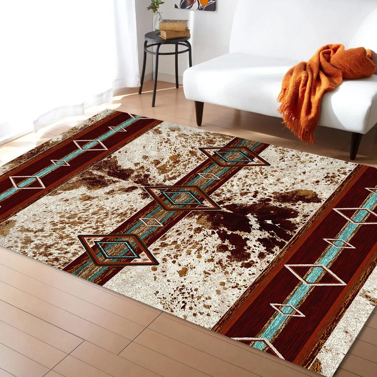 Combo Southwest Faux Cowhide Area Rug and 4 Pcs Non-Slip Rug Tape for Living Room, Bedroom, Southwestern Area Rugs, Native American Rug, Geometric Western Rugs, Aztec Tribal Rugs Home Decor 3x5 ft