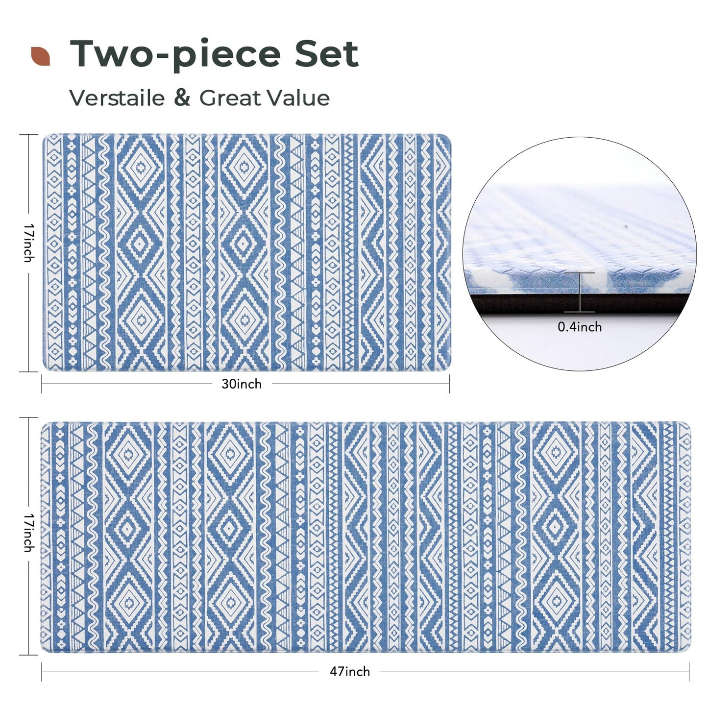 FRESHMINT Anti Fatigue Kitchen Mats for Floor 2 Piece Set, Waterproof & Non-Skid Boho Kitchen Rugs, Cushioned Kitchen Mat for Standing Washable Comfort Desk Kitchen Runners, 17x30+17x47