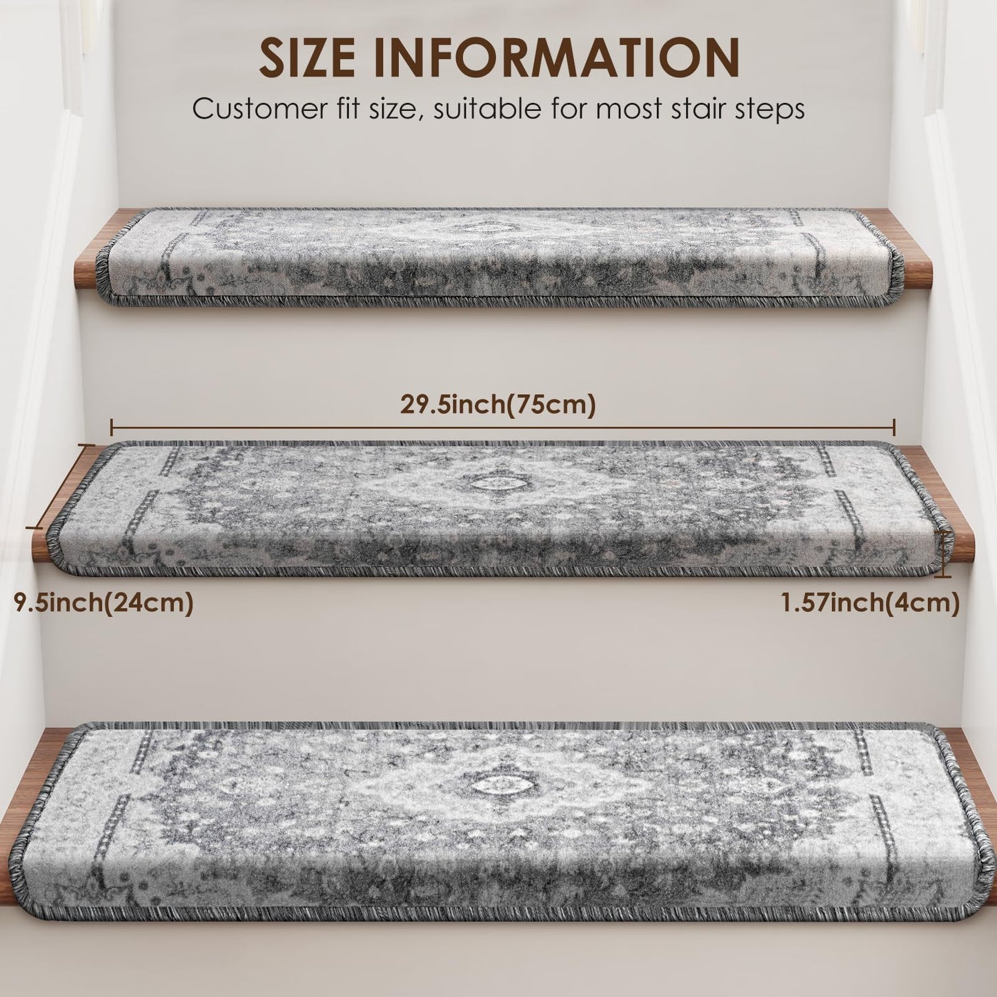 Brakki Bullnose Stair Treads for Wooden Steps, Non Slip Stair Carpet for Indoor Runner and Pets, Soft Edging Staircase Protectors Reusable, Washable, 29.5"x9.5"x1.5" 14pcs, Grey