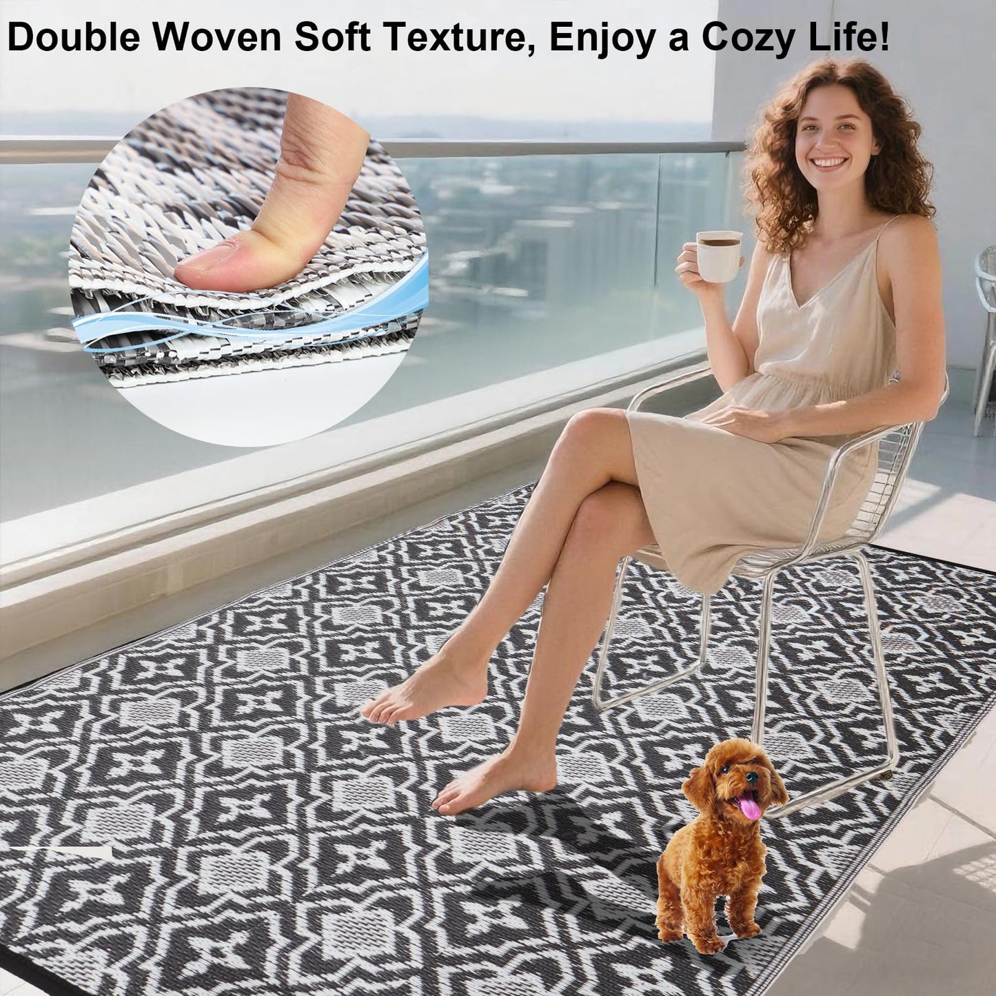 Alfolo Outdoor Rug Waterproof 4x6 Outdoor Mat Small Porch Balcony Rug,Reversible Plastic Straw Rug for Camping Black and White Outdoor Mats for Patio, Deck, RV, Camping, Beach, Backyard