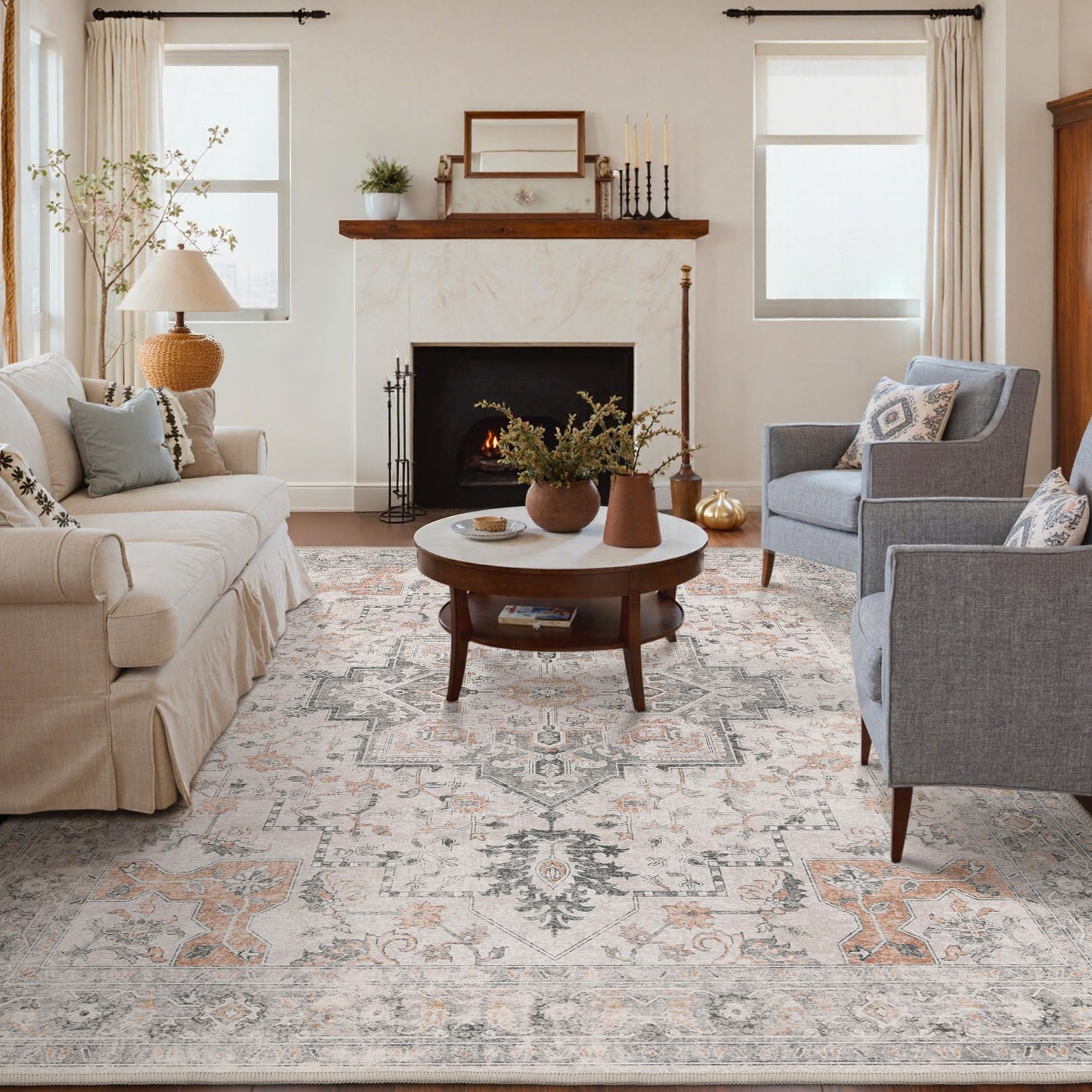 GENIMO 5X7 Area Rugs for Living Room, Machine Washable Non Slip Vintage Area Rugs, Low Pile Lightweight Print Rug for Bedroom, Dining Room, Home Office, Light Taupe Brown