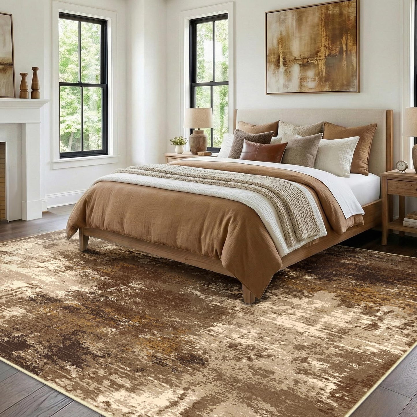 RELEANY Washable Area Rugs 5'x7' Non-Slip Modern Abstract Soft for Living Room Entryway Bedroom Kitchen, Print Pattern, Brown Tan Beige Coffee