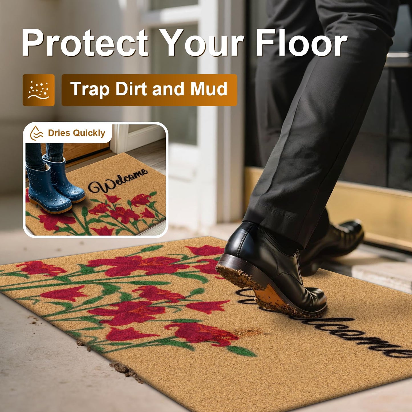 Vaukki Outside Welcome Doormat 24"x36", Non Slip Dirt Trapping Coco Coir Door Mat, Low Profile Front Door Mat Entrance, Durable Easy Clean High Traffic Entryway Doormat, Welcome