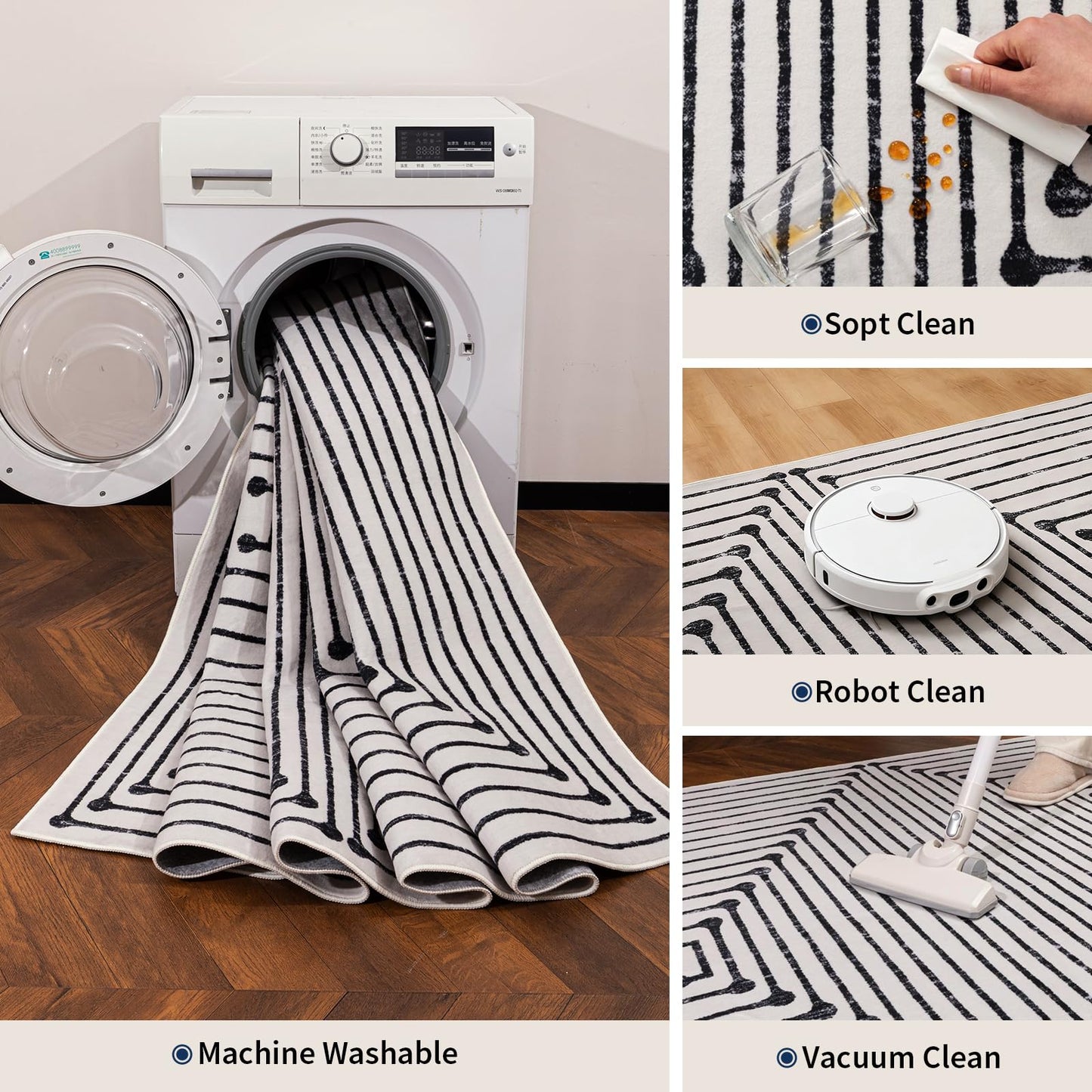 YIHOUSE Washable 8x10 Area Rugs for Living Room, Black and White Striped Rug for Bedroom Non Slip Low Pile, Large Modern Geometric Carpet for Playroom Dining Room Home Office Decor