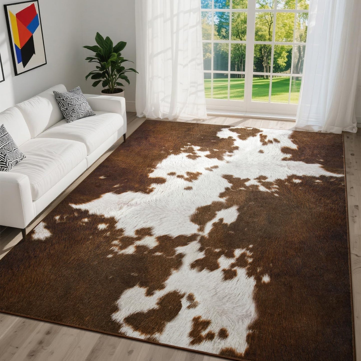 DweIke Cow Print Rugs for Living Room, 4x6 Soft Faux Animal Cowhide Area Rug, Washable Non-Slip Stain Resistant Throw Carpet for Dining Room Office Western Home Decor, Light Brown