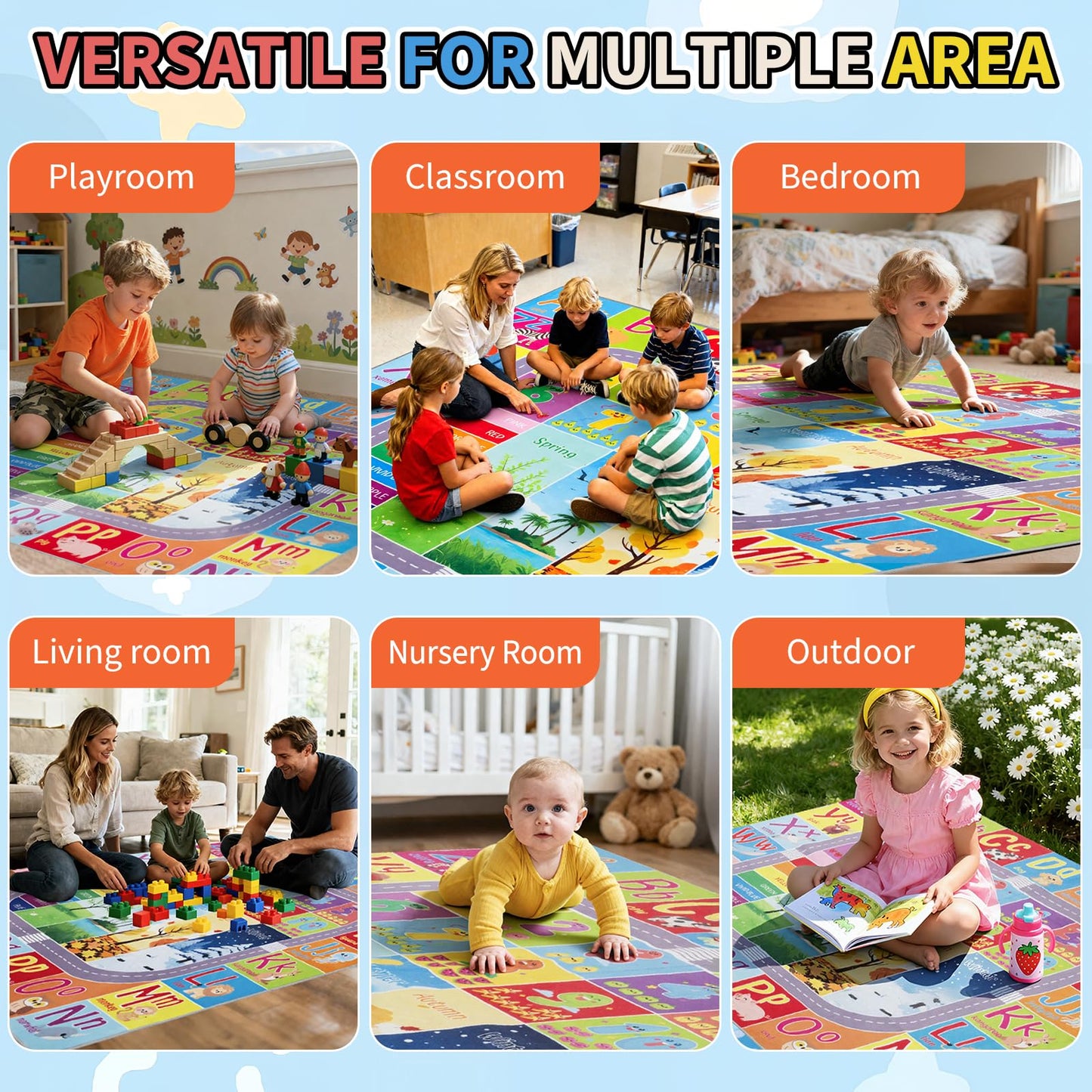 UKISS ABC Kids Rug,Toddler Educational Play Rug for Learning Alphabet, Numbers, Colors, Seasons and Animal Words,55"x55"Washable Classroom Area Rugs,Non-Slip Kids Play Mat Carpet for Playroom
