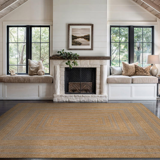 Beverly Rug Easy Jute Framed Border Rug 10x14 Washable Large Indoor Outdoor Area Rugs for Living Dining Room Patio Office Stain Resistant Non Shedding Casual Indoor Outside Carpet 10 x 14 Natural