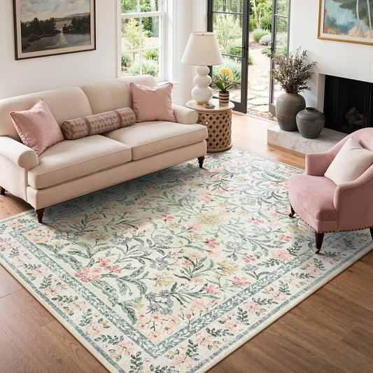 Lahome Boho Rugs for Living Room 5x7, Machine Washable Area Rugs Non-Slip, Vintage Floral Soft Kids Bedroom Carpet Rug for Home Girls Playroom Foyer Entryway, Beige/Multi