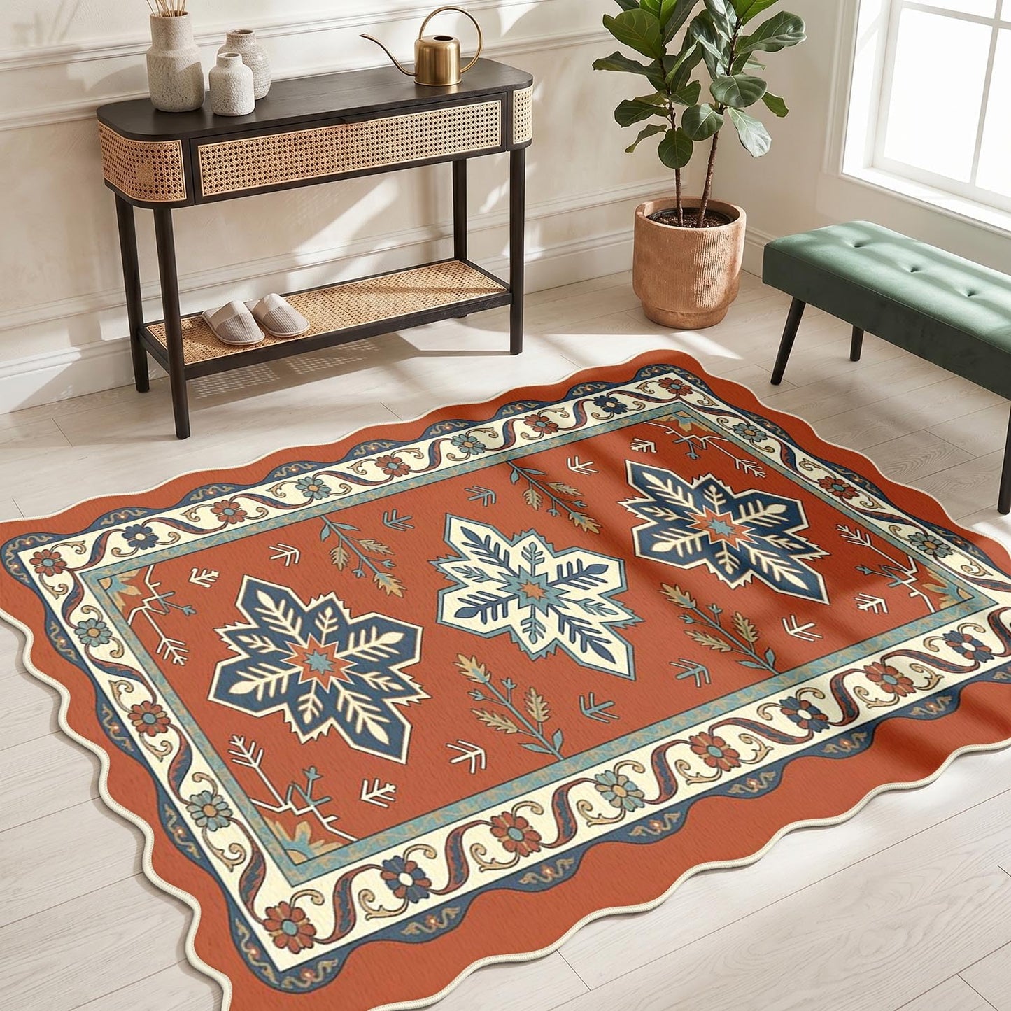 Cosovia Washable Scalloped Area Rug 5x7, Boho Aztec Geometric Low Pile Non Slip Indoor Floor Carpet Mat Southwestern Star Rugs for Living Room, Bedroom, Home Office and Dorm Decor