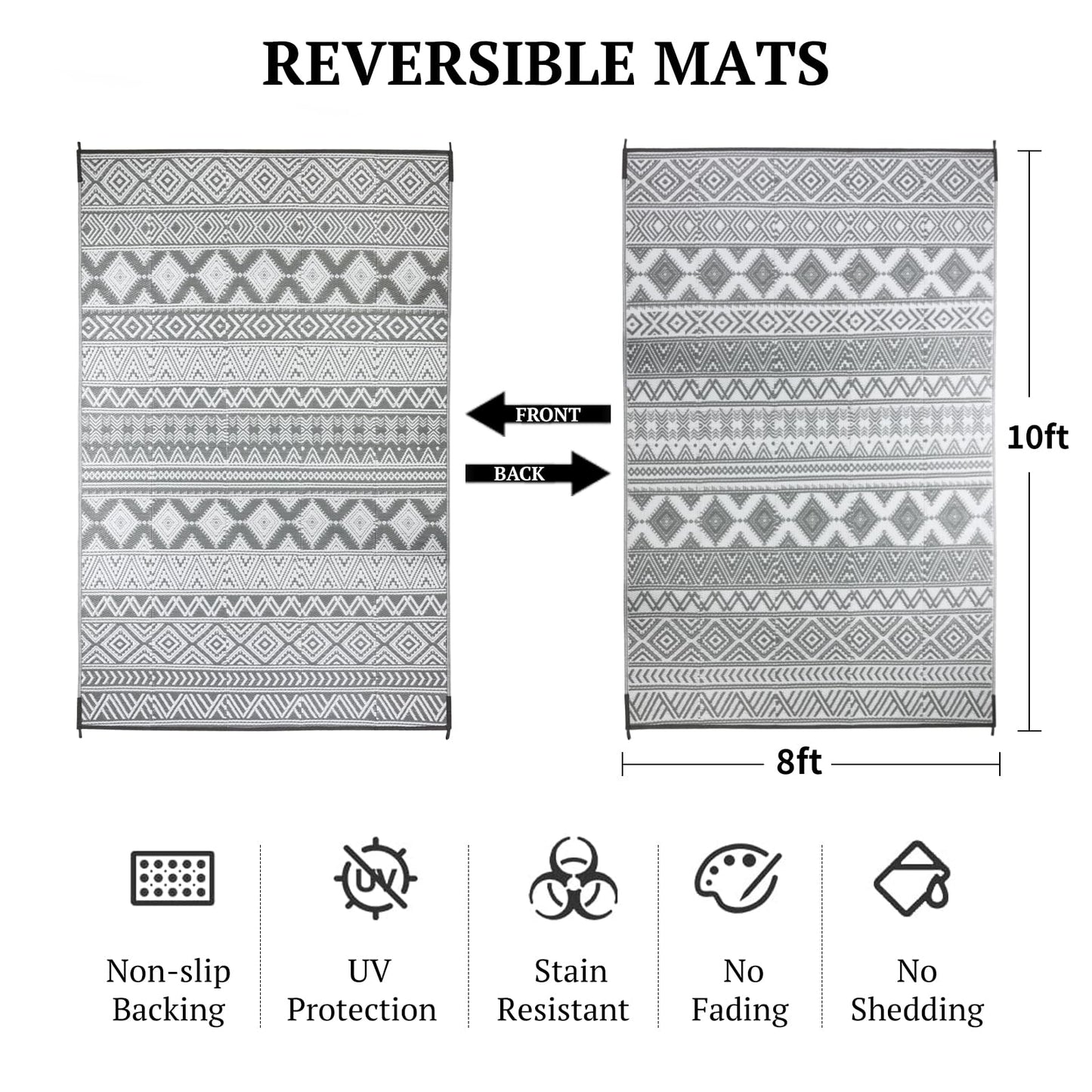 Waterproof Outdoor Rug 8x10 ft, Reversible Plastic Straw Patio Camping Rugs, Outdoor Indoor RV Mat Carpet for Patio, Outside Entry, Backyard, Deck, Bench, Picnic, Camper(8x10,Gray&White)