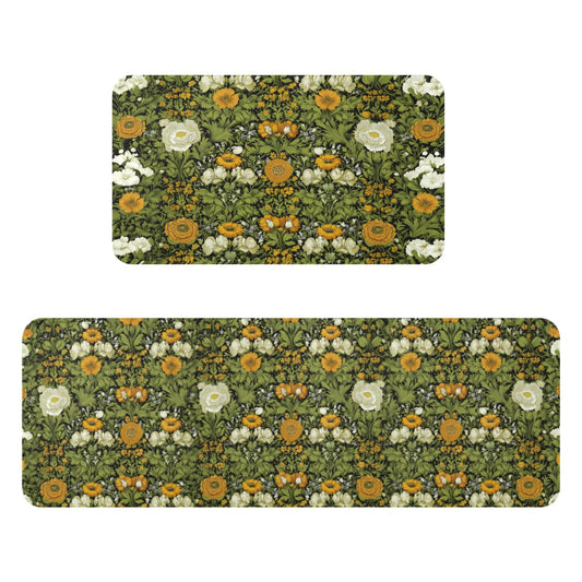 Wualmondor Dark Green Kitchen Rugs Set of 2 Floral Print Kitchen Mats 17"x47"+17"x30" Low Pile Washable Non Slip Rubber Backing Floor Mats for Sink Laundry Home