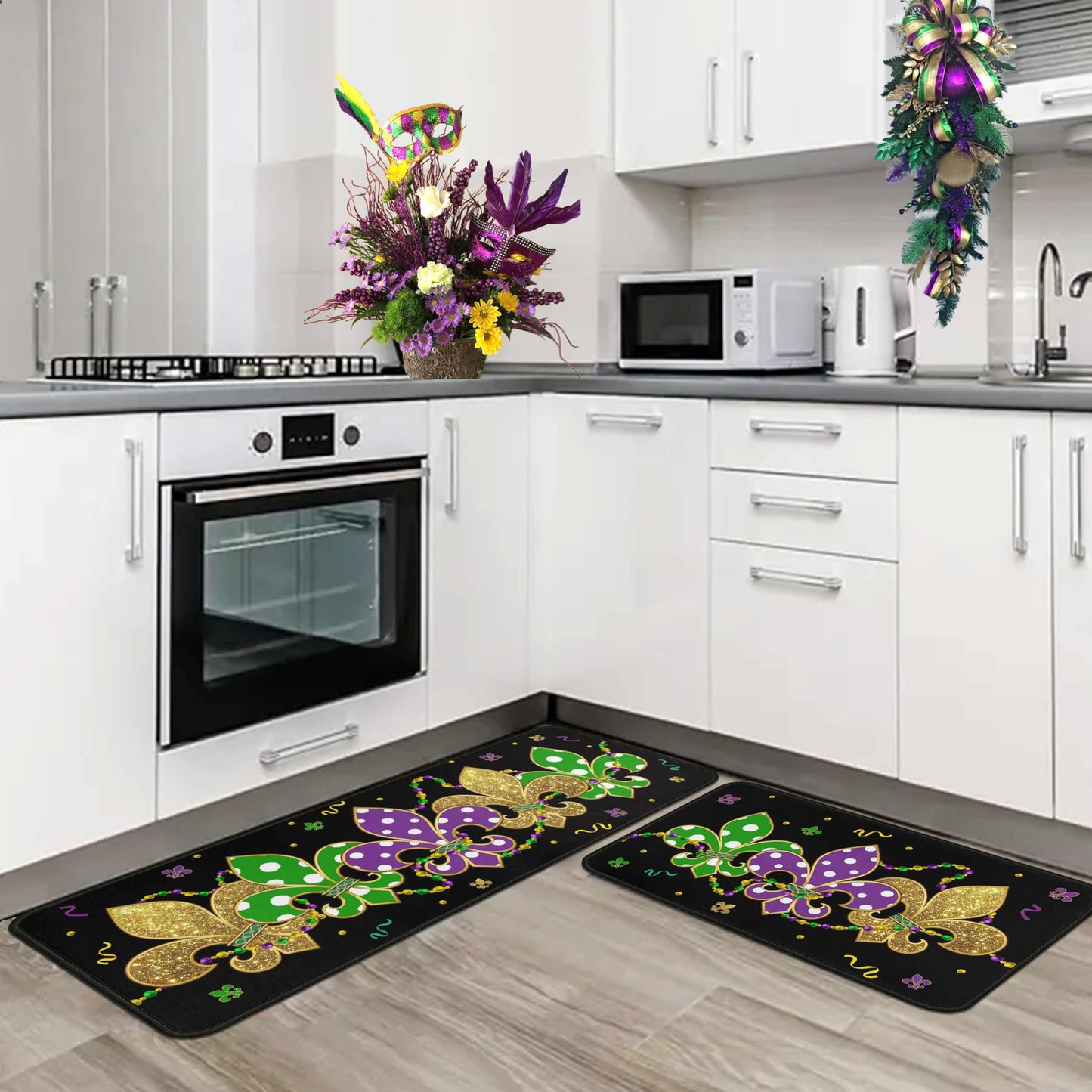 Lumiprinta Mardi Gras Kitchen Rug Set of 2, Carnival Absorbent Washable Non-Slip Comfort Standing Floor Mat for Kitchen Bathroom Living Room Sink Laundry