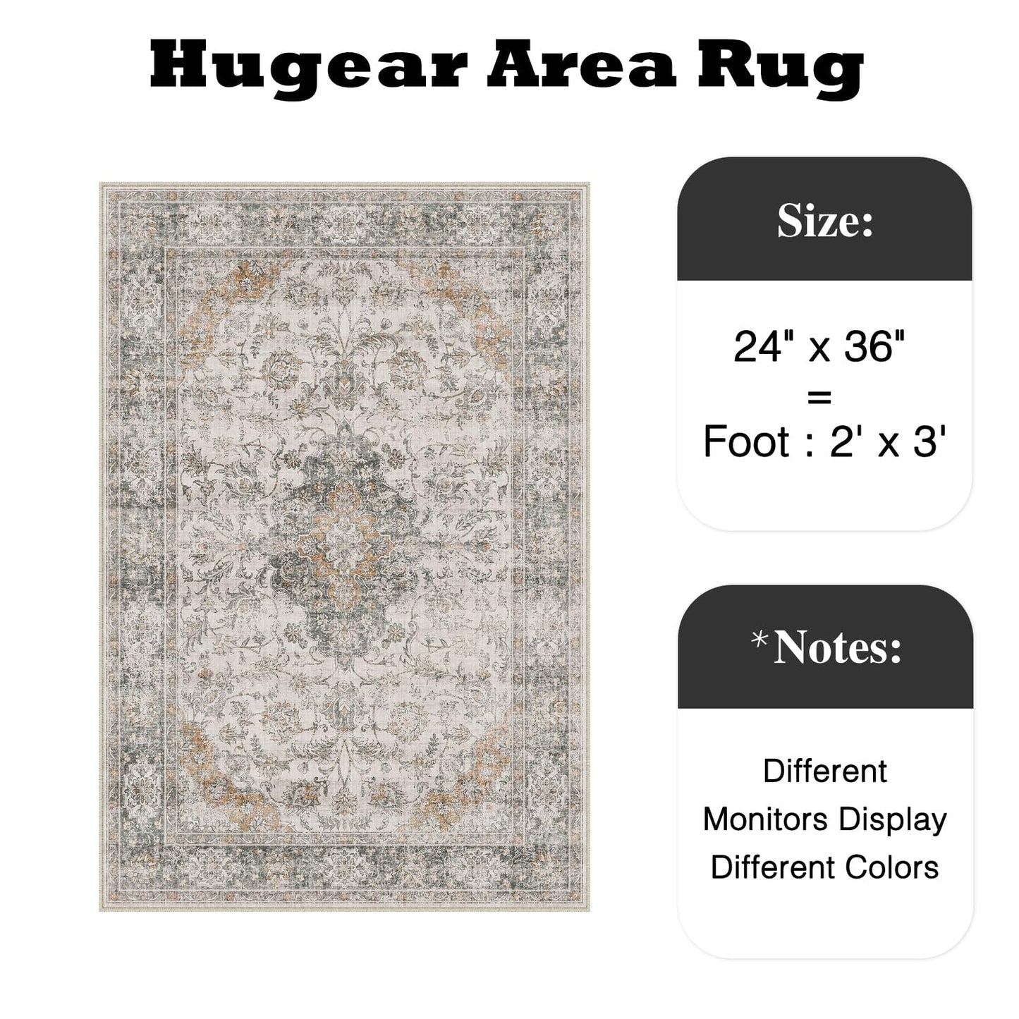 HUGEAR 2x3 Entryway Area Rug Retro Taupe Green Small Rug Machine Washable Door Mat Vintage Floral Low Pile Carpet Distressed Throw Rug Entrance Kitchen Bathroom Office Non Slip Soft Lightweight