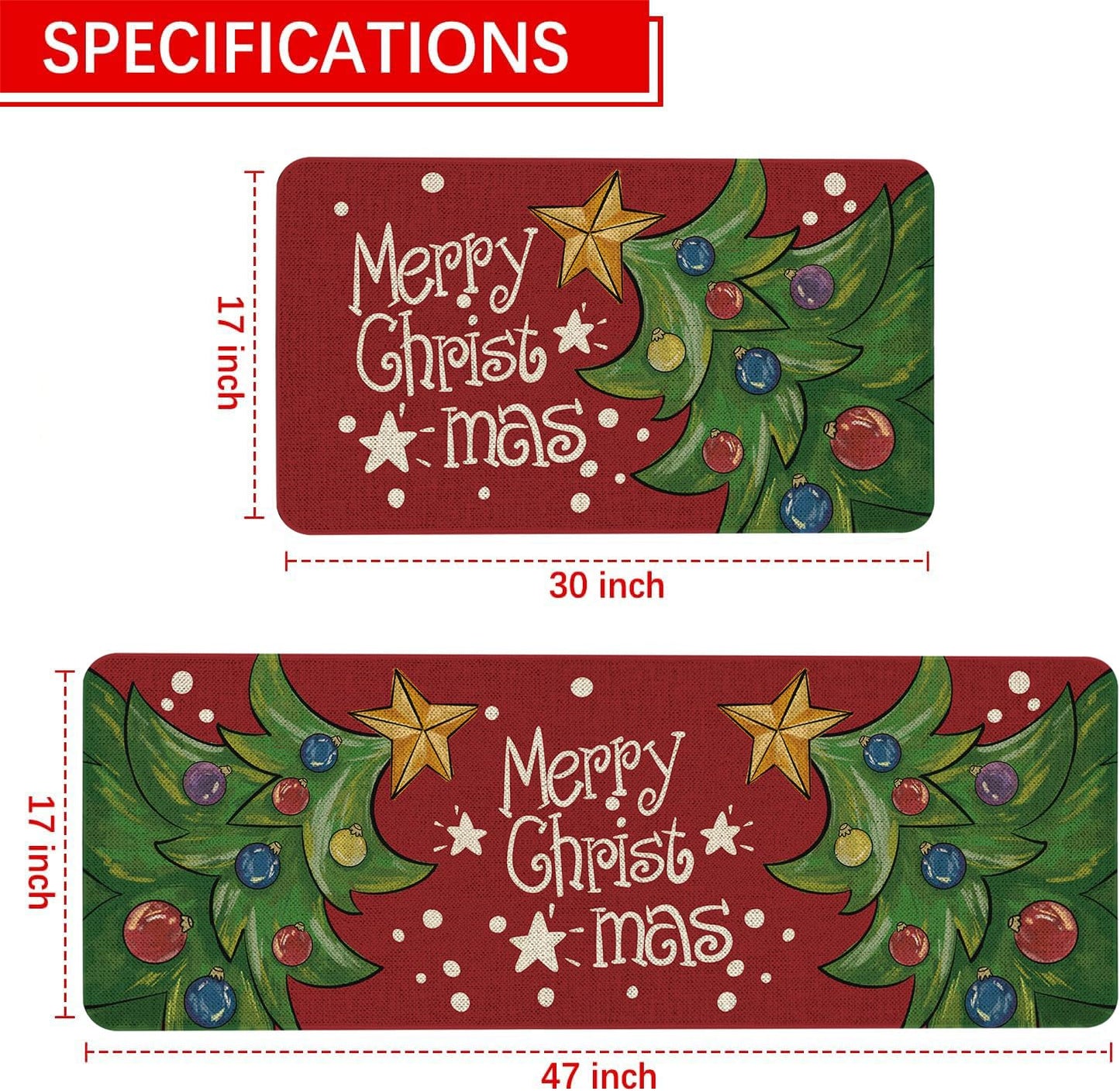 Mloabuc Merry Christmas Kitchen Mats Set of 2, Anti Fatigue Waterproof Stain Resistant Floor Rug Blue Christmas Decorative Non Slip Cushioned Floor Mat - 17x29 and 17x47 Inch