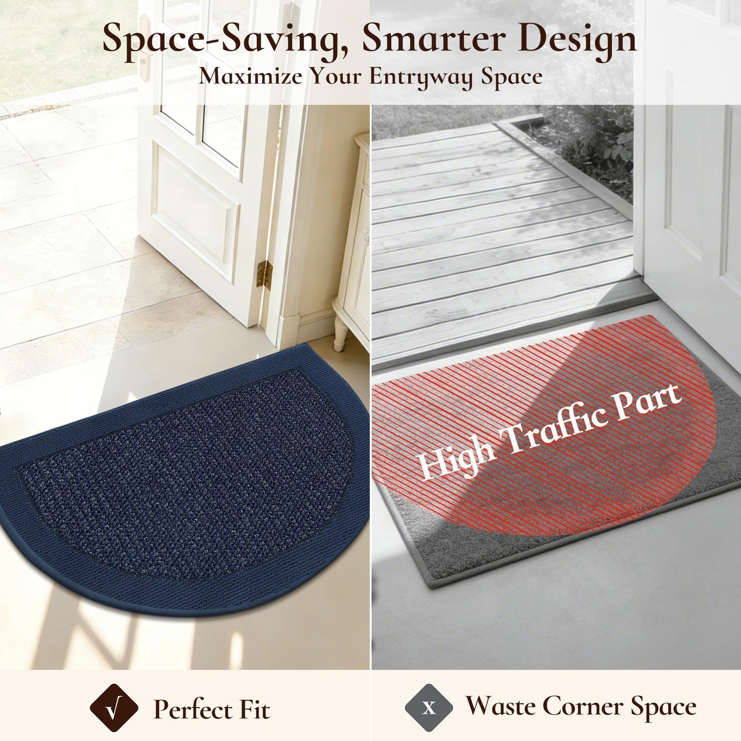 FLOORHUG Dirt Trapper Door Mats 17"x30", Half Circle Entryway Rugs Non-Slip Washable, Dirt Resist and Absorbent Doormat Low Profile Entrance Mat Floor Mats for Front Back Door, Blue