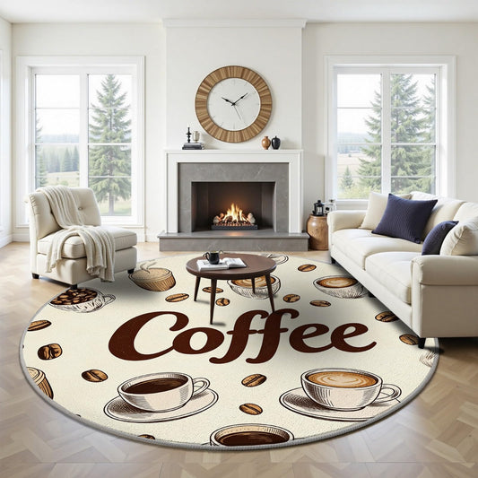 Egljss 4ft Round Rug, Coffee Bean Circle Area Rug for Living Room, Coffee Cup Round Carpet for Bedroom, Brown Farmhouse Circle Washable Rugs for Dining Table, Rugs Non Slip Kitchen