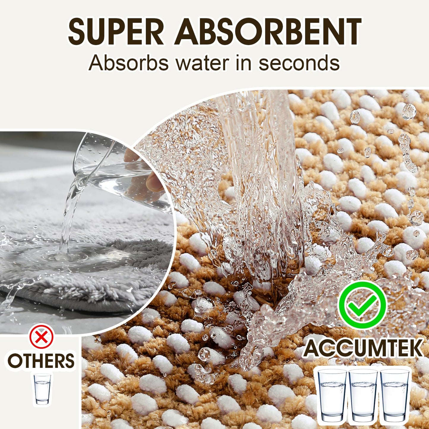 ACCUMTEK Chenille Spliced with Fluffy Cut Pile Absorbent Bath Mat, Thick Plush Bath Rug - Ultra Soft Skin-Friendly, Machine Washable Non-Slip Toilet Mat Set 3 Piece, Beige & White