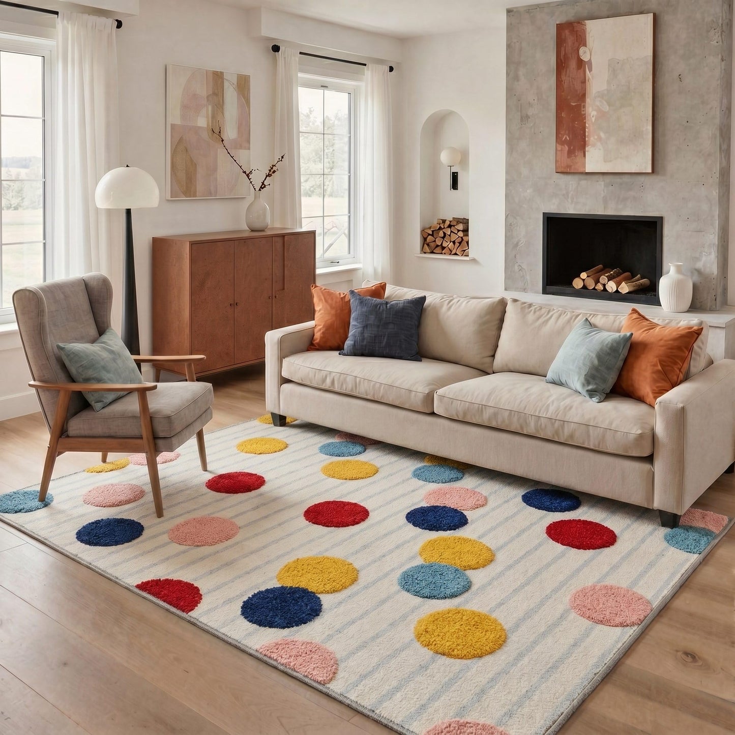 BEIMO 5X7 Area Rugs Minimalist Polka Dots Rug, Low Pile Non Slip Machine Washable Indoor Rug for Living Room Bedroom Dining Room Home Office, OffWhite