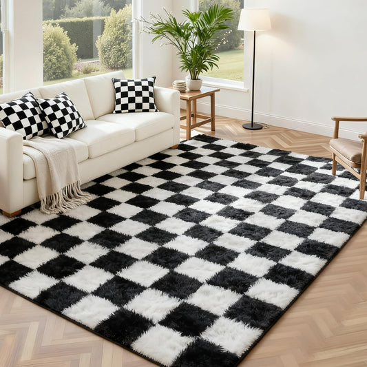 Andency 5x7 Ft Black and White Area Rug for Living Room Classic Checkered Shaggy Rug Non-Slip High Pile Soft Fluffy Rug Fuzzy Carpet Bedroom Kids Toddler Room Nursery Playroom Bedroom