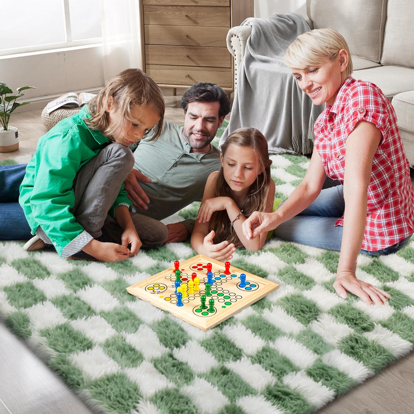 Area Rugs for Bedroom Living Room,5x8 Green and White Fluffy Soft Checkered Rug Fuzzy Shag Shaggy Carpet, Indoor Plush Floor Rugs for Kids Boys Girls Teen Dorm Nursery Home Decor