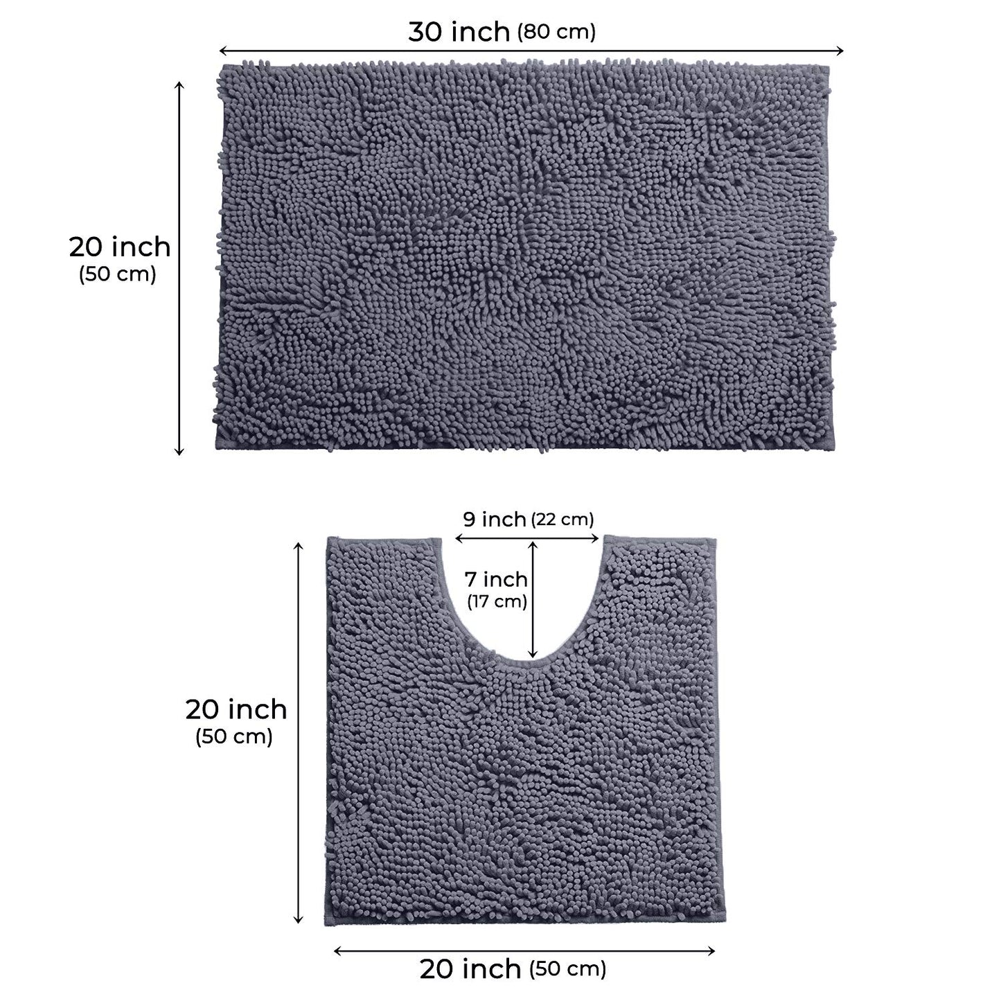 LuxUrux Bathroom Mats 2 Piece Set, Bathroom Rug Set, Soft Absorbent Chenille Bath Mat & Contour Toilet Rug, Non Slip, Quick Dry, Machine Washable Shaggy Bathroom Mats (Gray, 20"x30"+20"x20" U-Shaped)
