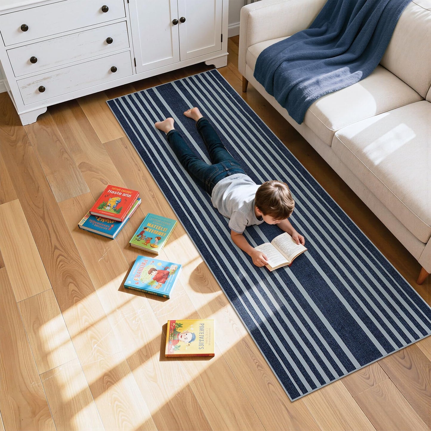 Beeiva Striped Blue Runners for Hallways, 2.5x8 Washable Bathroom Runner with Rubber Backed, Non Slip Soft Low Pile Indoor Floor Carpet for Kitchen Bedroom Porch High Traffic Areas