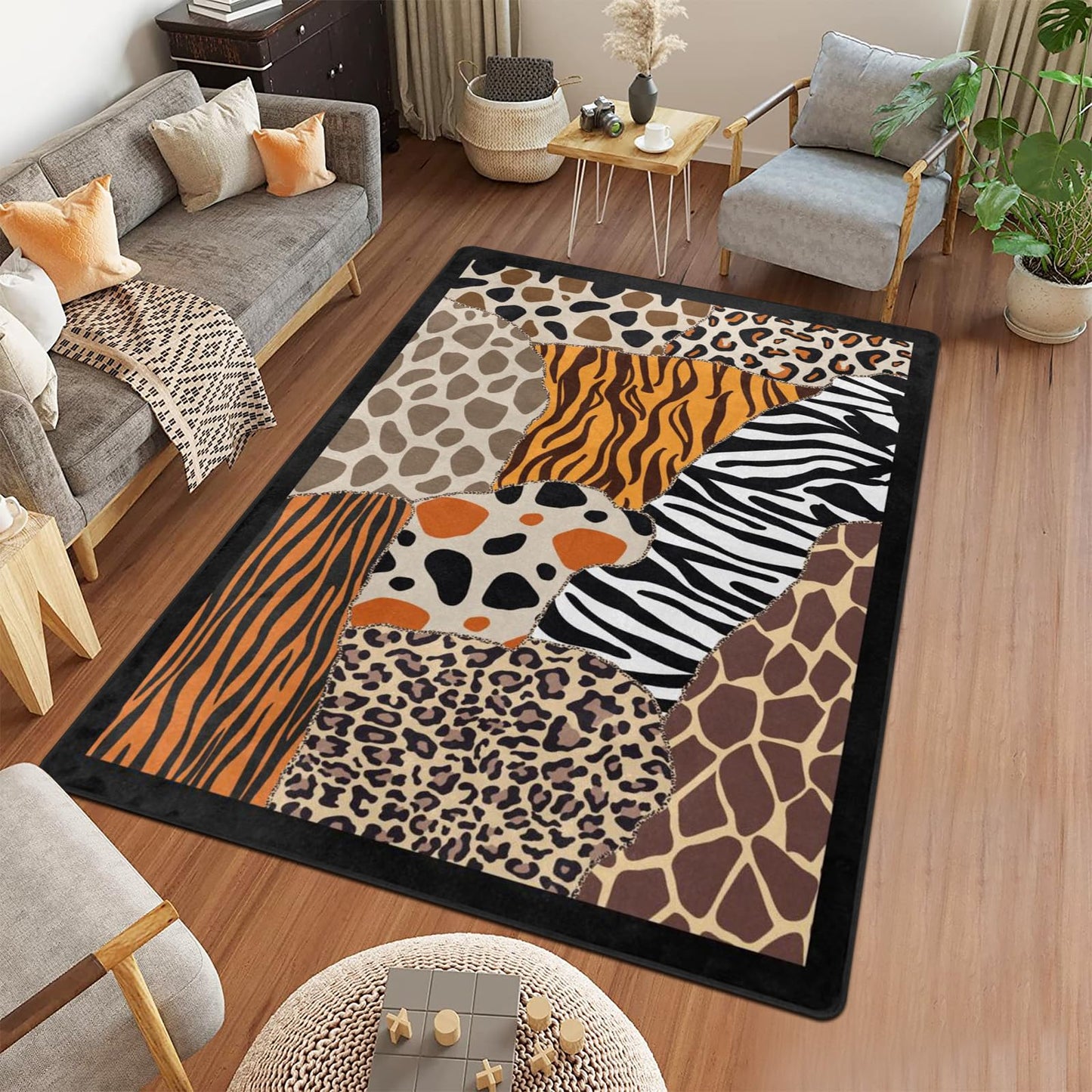 9CH Abstract Leopard Area Rug 7' X 5' Black Brown Animal Skin Print Floor Carpet Non-Slip Soft Modern Rugs for Girls Bedroom Office Dining Room Living Room