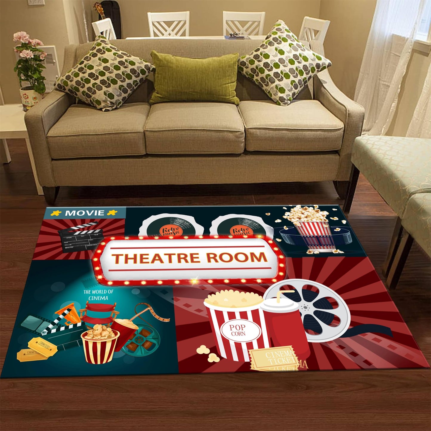 Houient Movie Theatre Rug, 5x6ft, Retro Cinema Themed Style Popcorn Filmstrip and Drink Design Doormat, Modern Home Theater Room Deco Carpet with Anti-Skid Backing for Indoor Bathroom Dorm Playroom