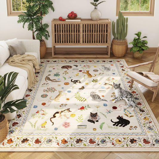 Rugcomf Area Rugs 8x10 Rug for Living Room Clearance Washable Boho Area Rug Non Slip Floral Animal Cat Vintage Low Pile Large Rug for Living Room Bedroom Farmhouse Dining Room Kids Playroom, Beige