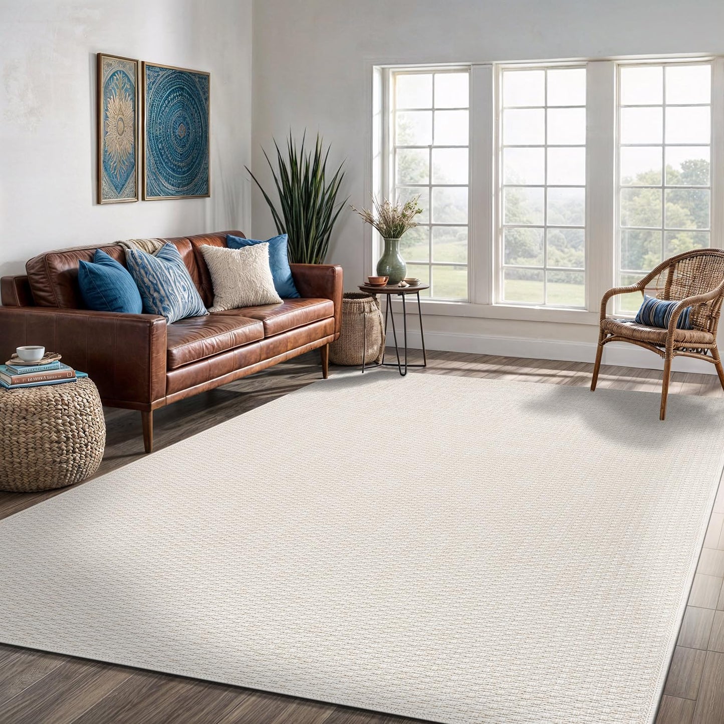 Easy Jute Rug 5x7 Indoor Outdoor Rug Natural Rugs Solid Fiber Rug Woven Area Rug Boho Easy Clean Inside Carpet for Living Room Bedroom Dining Room Hallway or Outdoor Patio Porch (5 X 7 Bone)