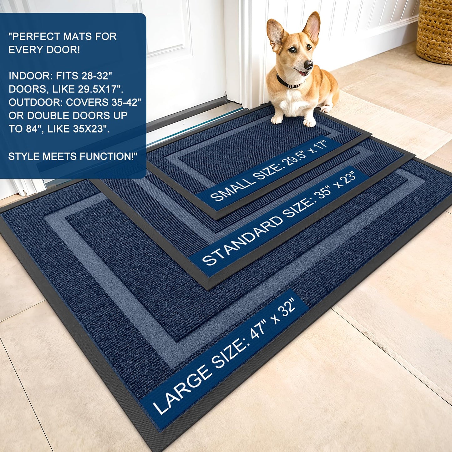 OLANLY Front Door Mat Indoor Outdoor Entrance, Waterproof All-Season, All-Weather Doormat, Sturdy Natural Rubber, Fade Resistant, Low Profile, Easy Clean Patio Porch Entryway Mat, 29.5x17, Blue