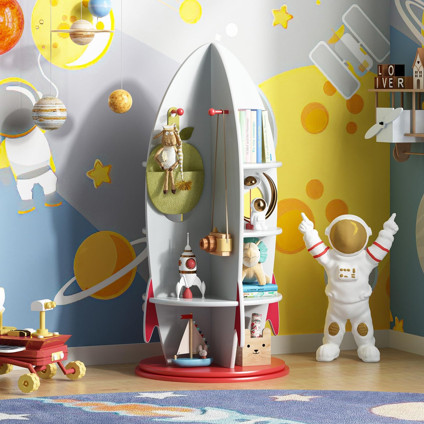BVIUNTWO Kids Rocket Bookshelf, 360 Rotating Toy Storage Organizer, Multi-Tier Children's Bookcase with Hooks for Playroom & Nursery, Space-Themed Corner Display Shelf for Toddlers, Boys & Girls