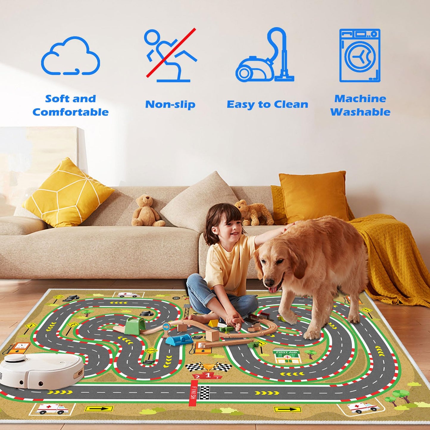 Kids Car Rug, Race Track Playmat Rugs for Cars, Road Traffic Carpet for Playroom, Fun City Life Map Toy Play Mat for Bedroom Boys(Desert Mirage Track,3.3×4.9ft/39×59in)