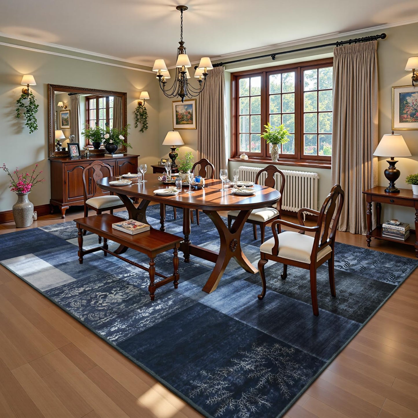DweIke Washable Area Rugs 6x9 for Living Room, Large Modern Geometric Navy Blue Soft Patchwork Carpet, Non-Slip Stain Resistant Throw Rug for Bedroom Dining Room Office Home Decor