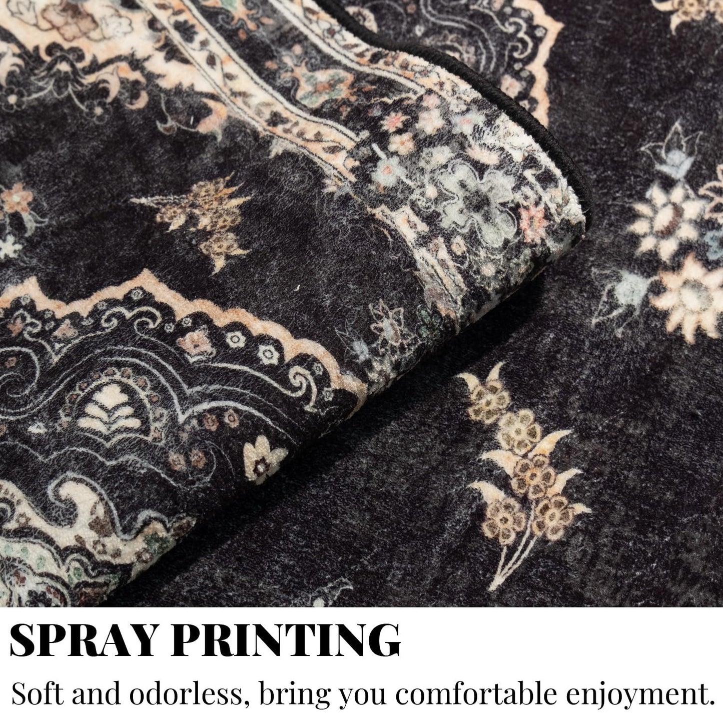 MUJOO 9x12 Area Rug Black Washable Rug Non Slip Low-Pile Floral Large