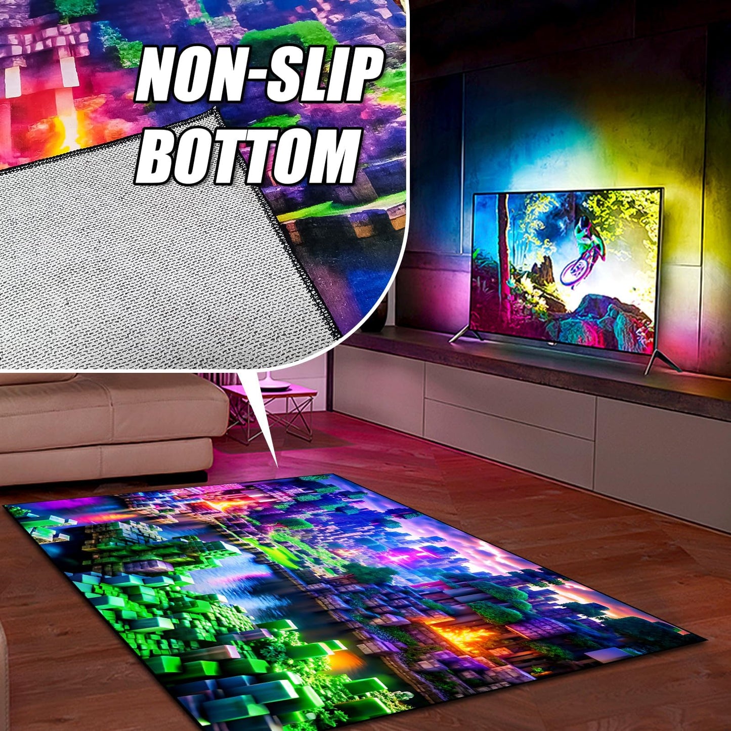 Block Game Rug Teen Kids Carpet, Pixel Games Scene Decoration Mat, Washable Cube Block Game Rugs for Boy's Bedroom Living Room Playroom, Non-Slip Children Gaming Area Rugs, Purple Field, 63" x 47"
