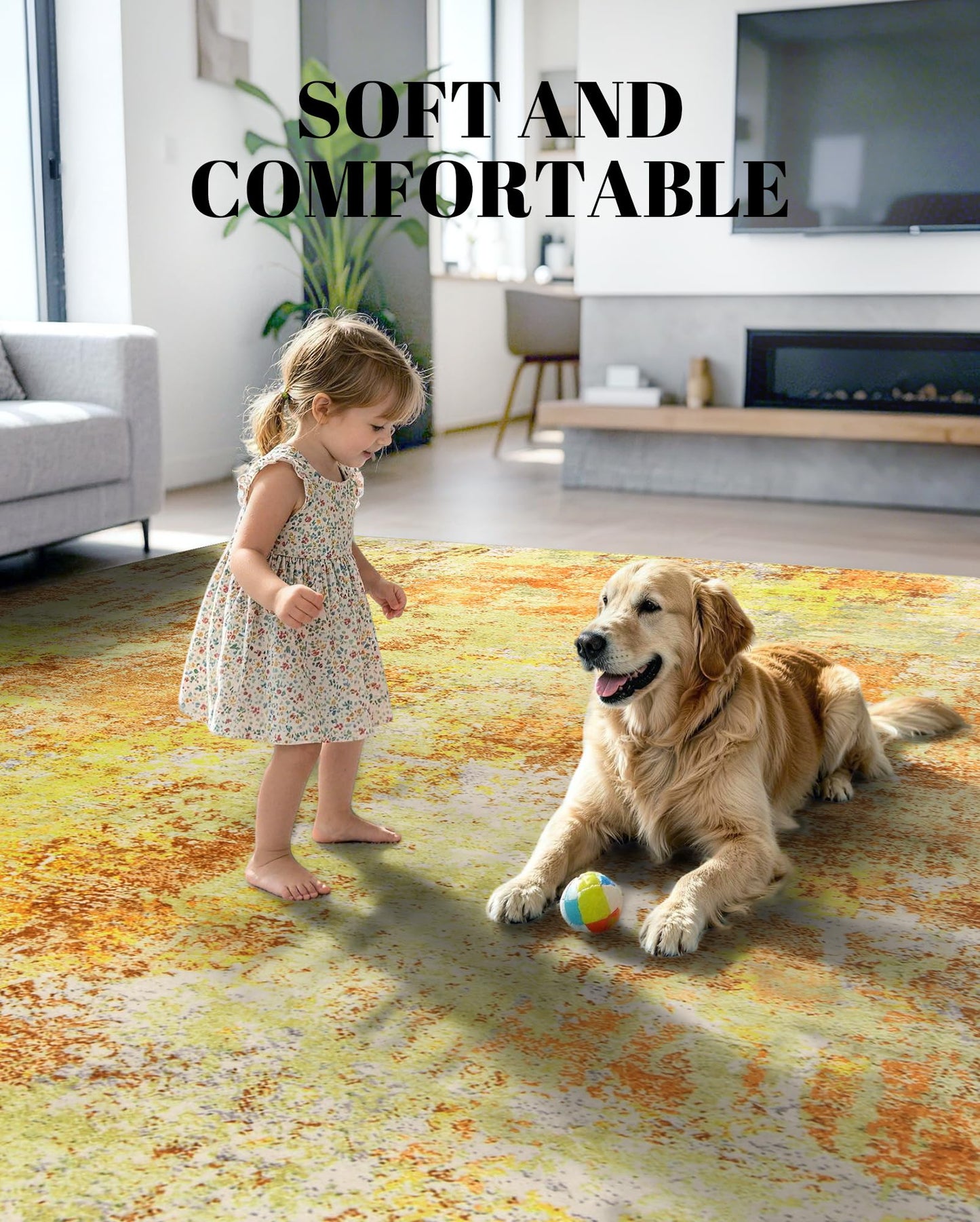 Washable Area Rug Living Room Rugs 5X7 - Neutral Modern Abstract Rugs Soft Carpet with Non Slip Backing for Under Dining Room Table, Bedroom, Home, Office, Yellow Brick