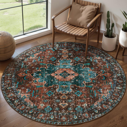 Ciicool 4ft Round Boho Area Rug,Washable Circle Rugs for Bedroom Bedside,Non-Slip Vintage Entryway Throw Low-Pile Indoor Carpet for Living Room Dining Room Kitchen