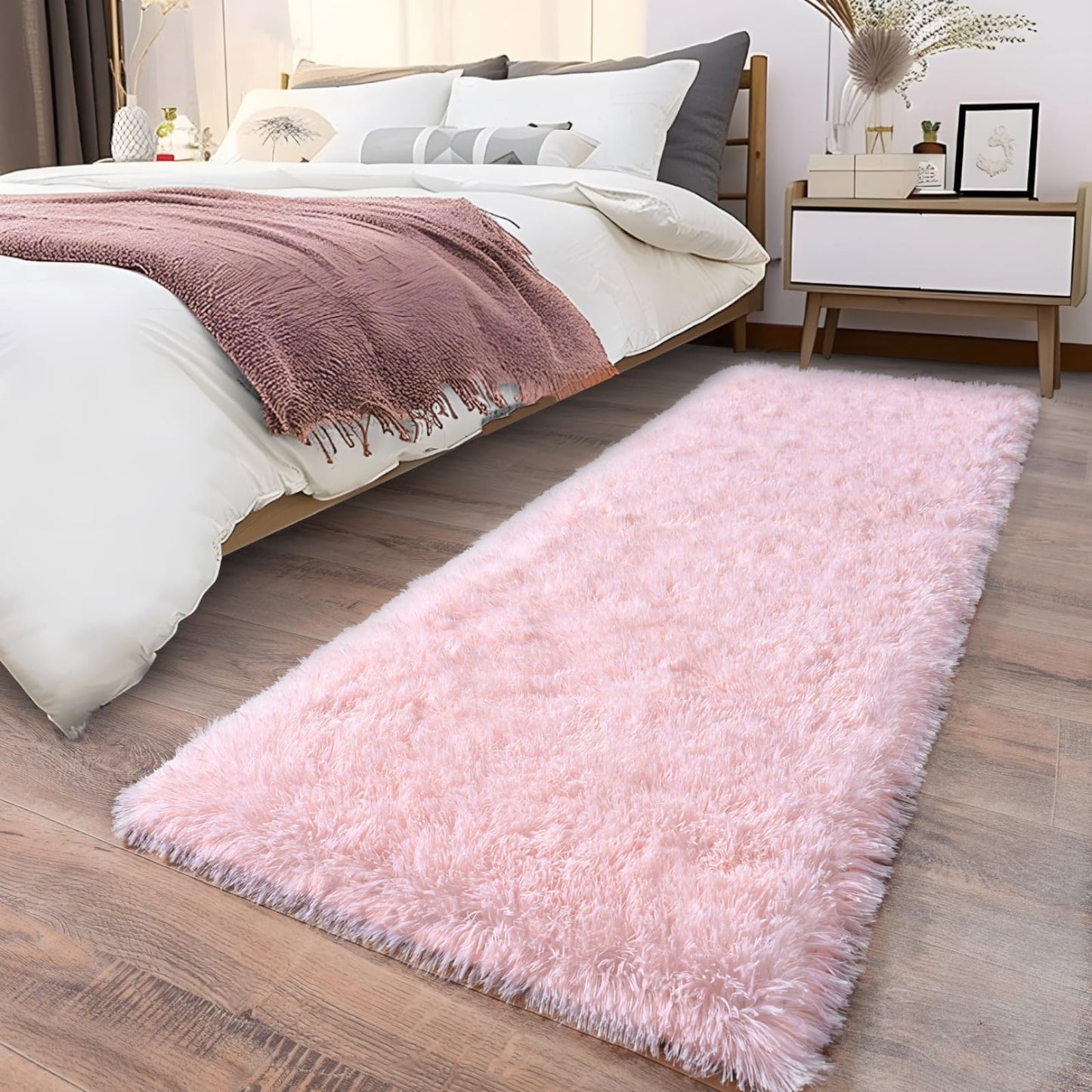 Ailyei Soft Shag Runner Rugs for Girls Bedroom, 2x6 Pink Fluffy Throw Area Rug Non Slip for Hallways Kids Bedside Dorm, Long Shaggy Furry Carpet for Nursery Living Room