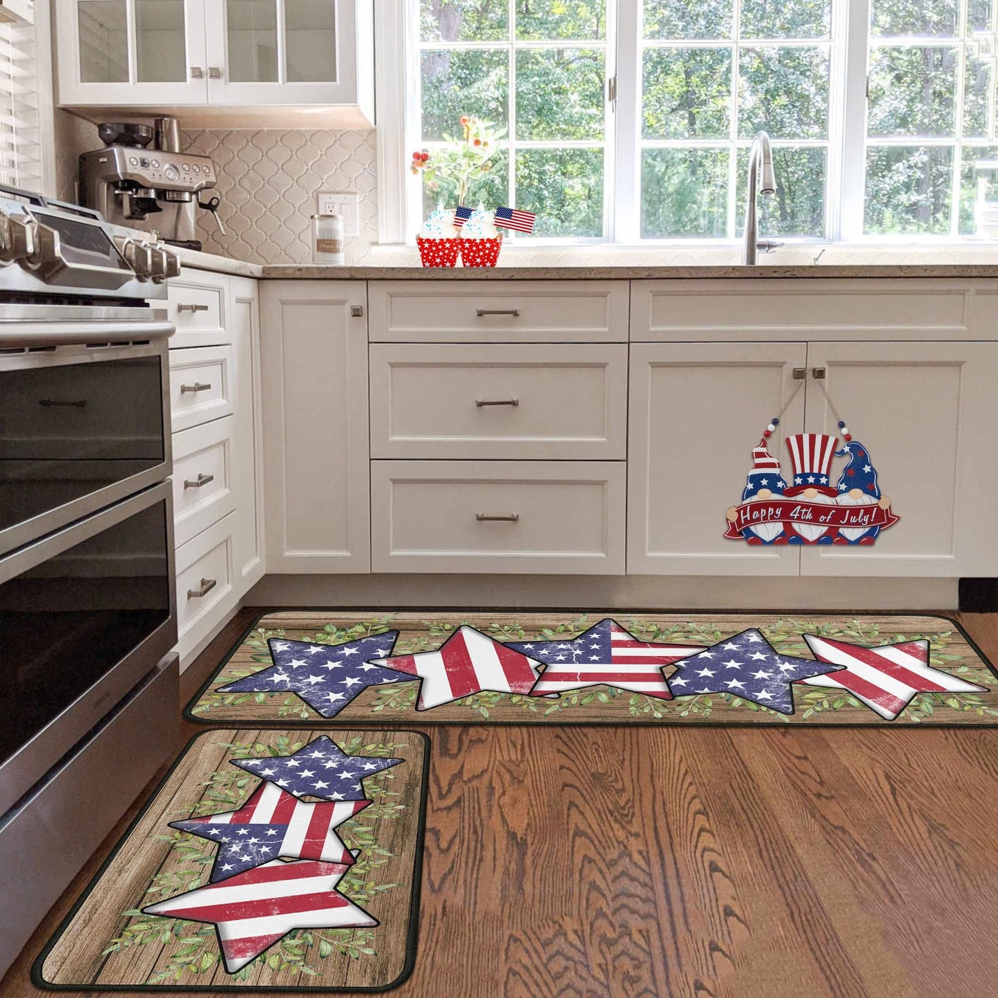 4th of July Kitchen Rugs Set of 2, Blue American Flag Stars Rug Forth of July Decorations Non Slip Backing Patriotic Kitchen Mats for Floor Memorial Day Home Decor (4th of July 2, 17"x47.2"+17"x30")