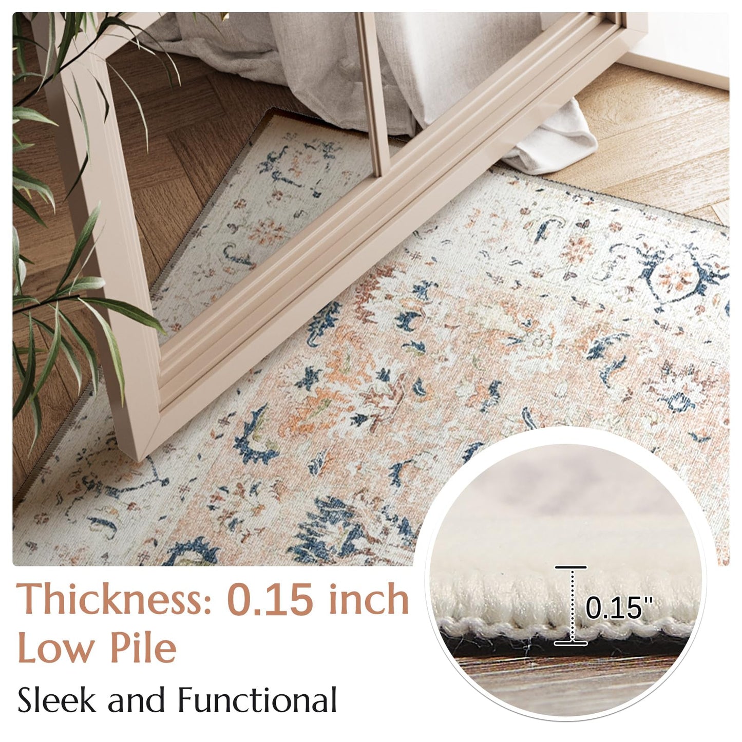 jinchan Runner Rug 2x5 - Hallway Rug Kitchen Washable Runner Vintage Floral Boho Lightweight Thin Non-Slip Retro Distressed Carpet for Entryway Bathroom Bedroom Laundry Room Pink Blush