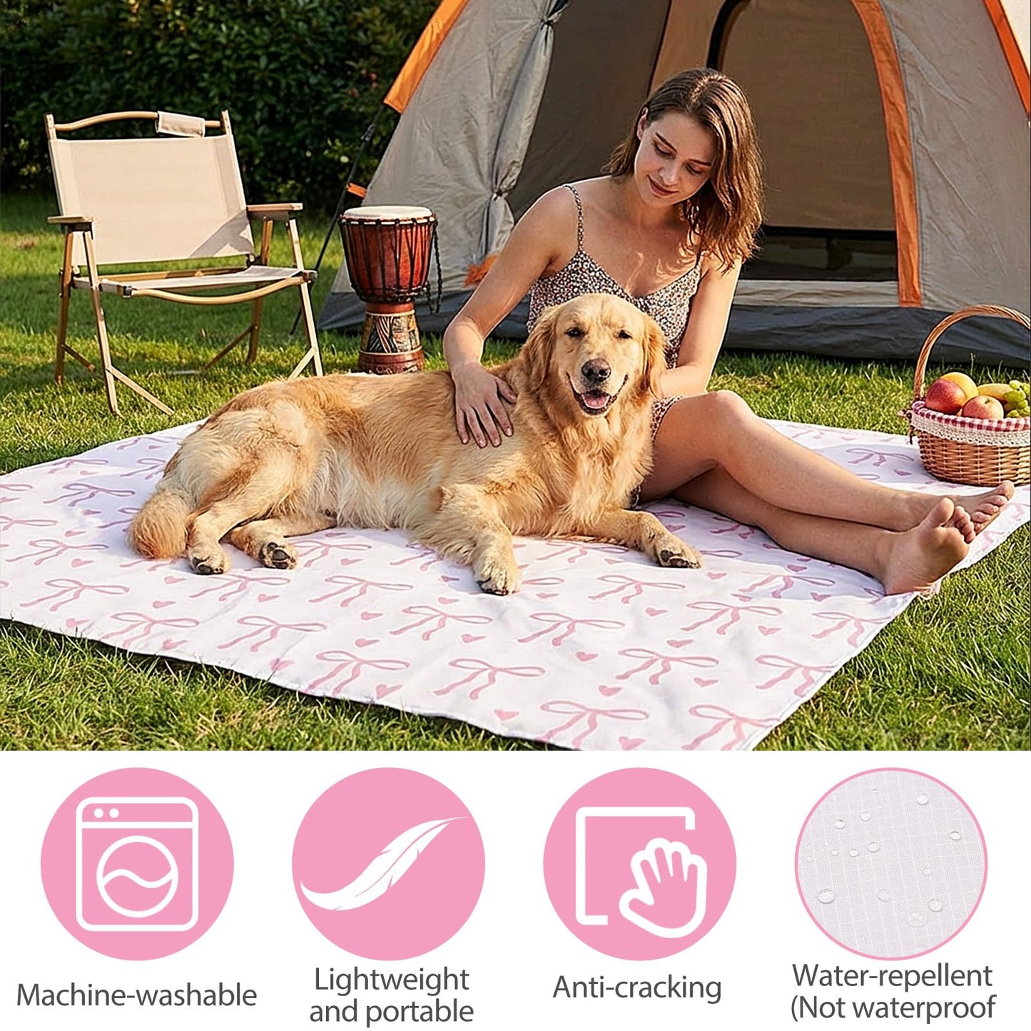 HunnmingRe Lightweight Pink Bow Pocket Picnic Blanket with Storage Bag 55 x 60inch Waterproof Cute Packable Sandproof Beach Mat Compact Washable Picnic Mat for Outdoor Hiking Camping Travel