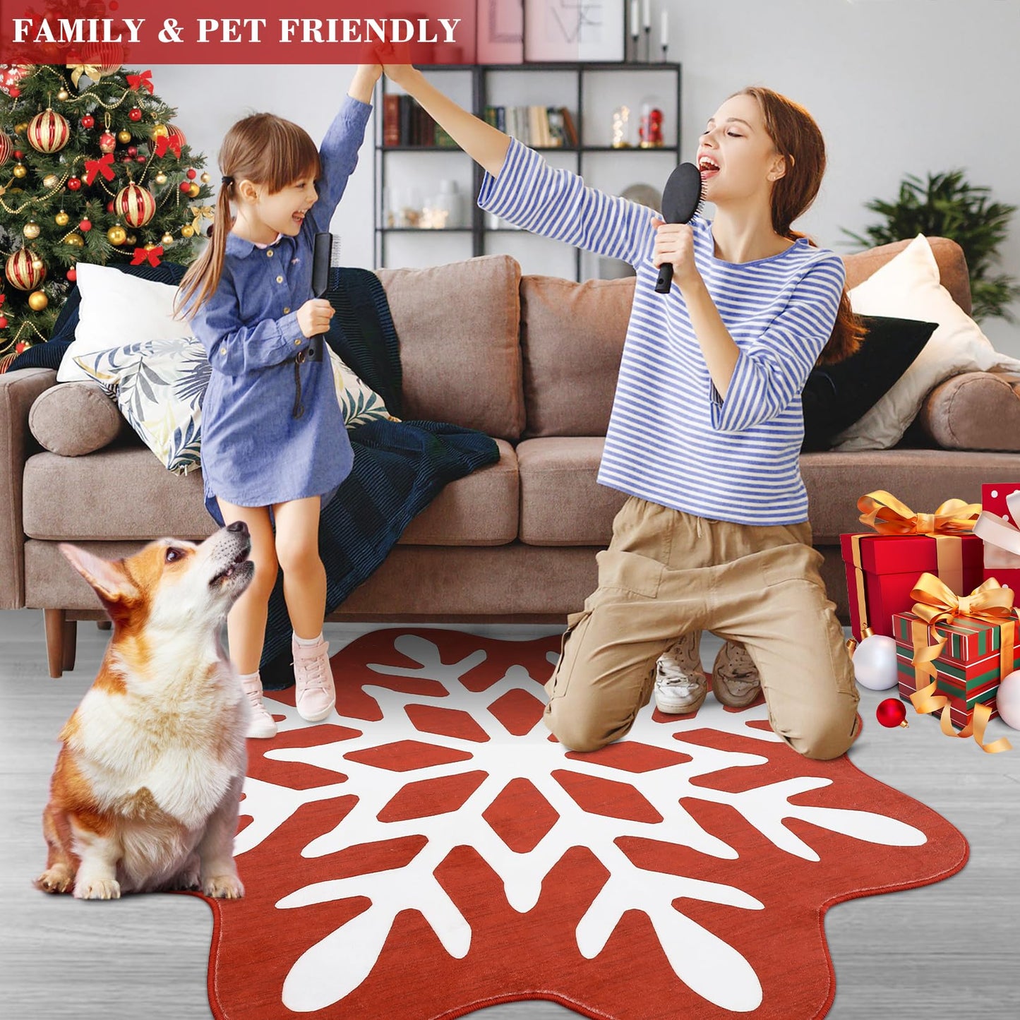 GarveeHome Christmas Round Rug Washable Area Rugs 3ft Circle Rug for Living Room Non Slip Soft Non Shedding Throw Rugs Low Pile Stain Resistant Room Decor Carpet for Dining Room Snowflake 3 ft x3'