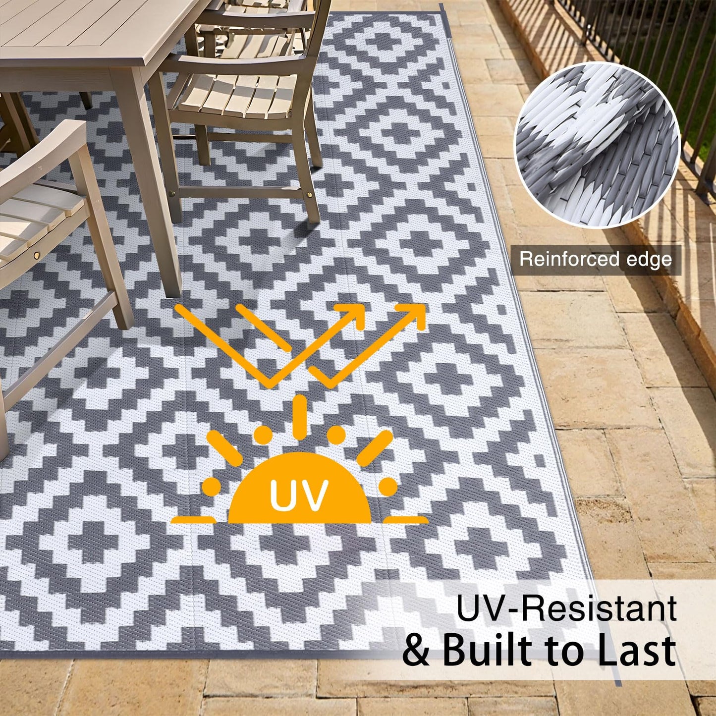OLANLY Waterproof Outdoor Rug 6x9 ft, Outdoor Plastic Straw Rug for Camping, RV Mat Outside, Outdoor Carpet for Porch, Deck, Backyard, Balcony, Picnic, Grey & White