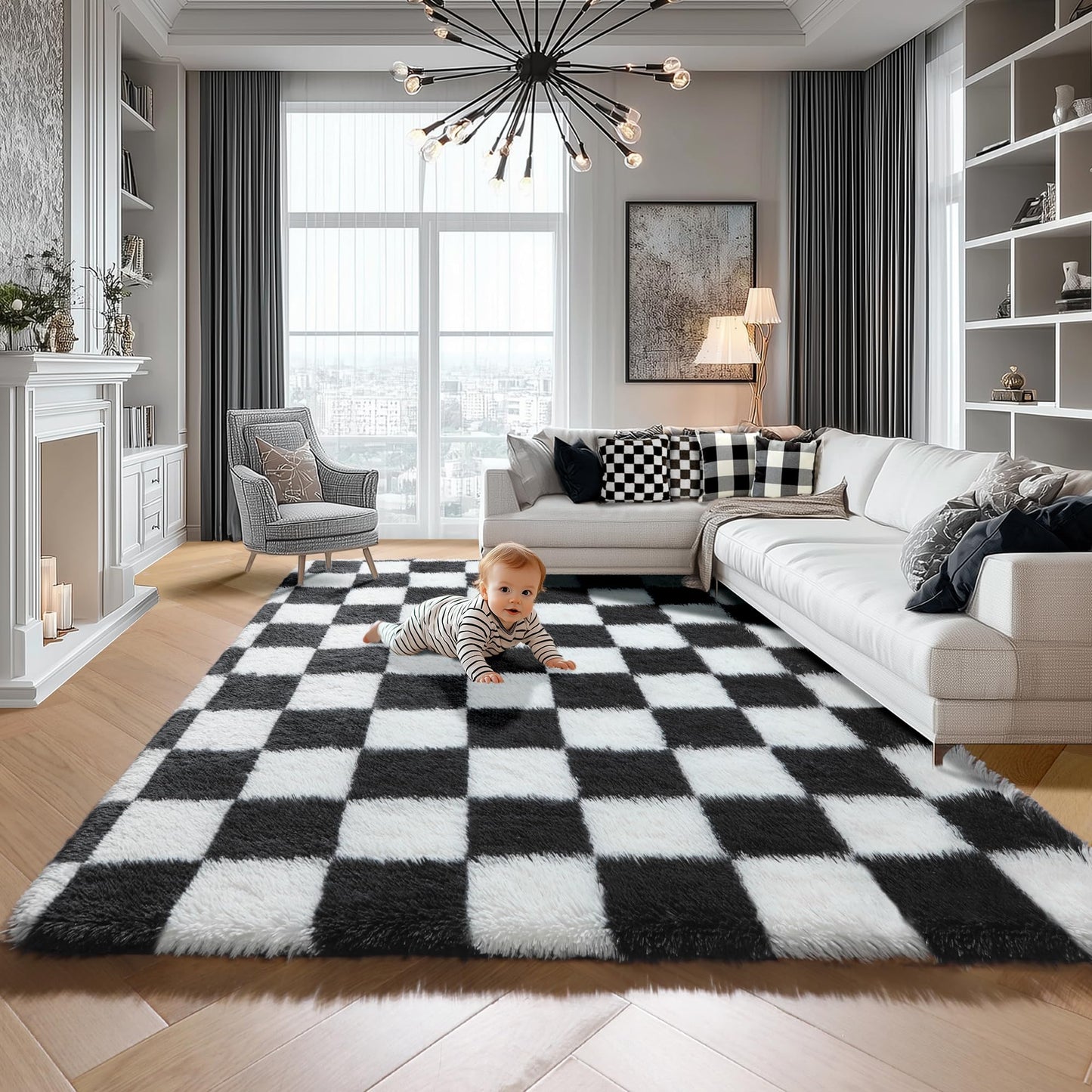 KICMOR Rugs for Living Room, 5x8 Area Rug Black and White Fluffy Shag Soft Checkered Rug Large Fuzzy Plush Furry Shaggy Carpet for Bedroom, Kids Boys Girls Teen Dorm Nursery Home Decor Aesthetic