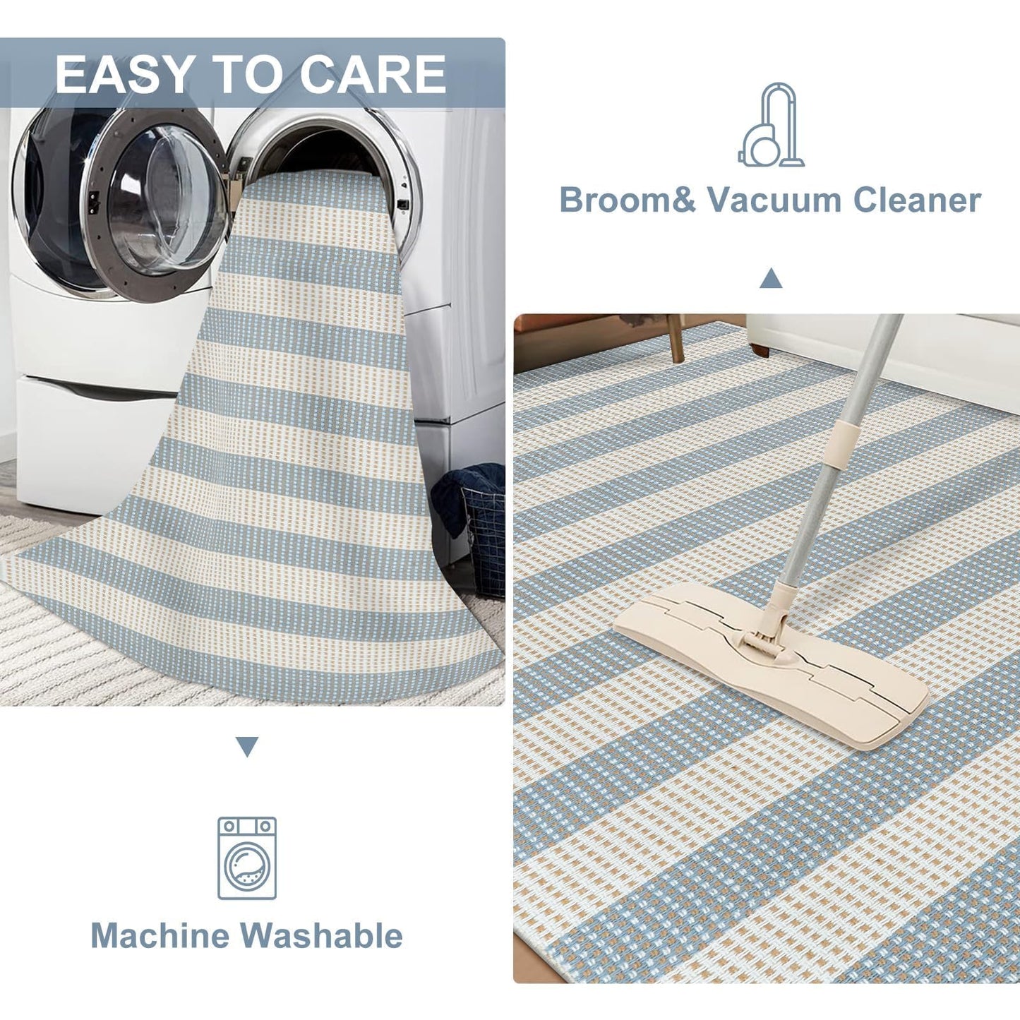 LEEVAN Striped Outdoor Rug 4x6, Washable Front Porch Rug, Spring Plaid Door Mats Outside Entrance, Blue White and Tan Entryway Floor Mat, Buffalo Woven Patio Layered Mat for Entrance/Deck/Camping