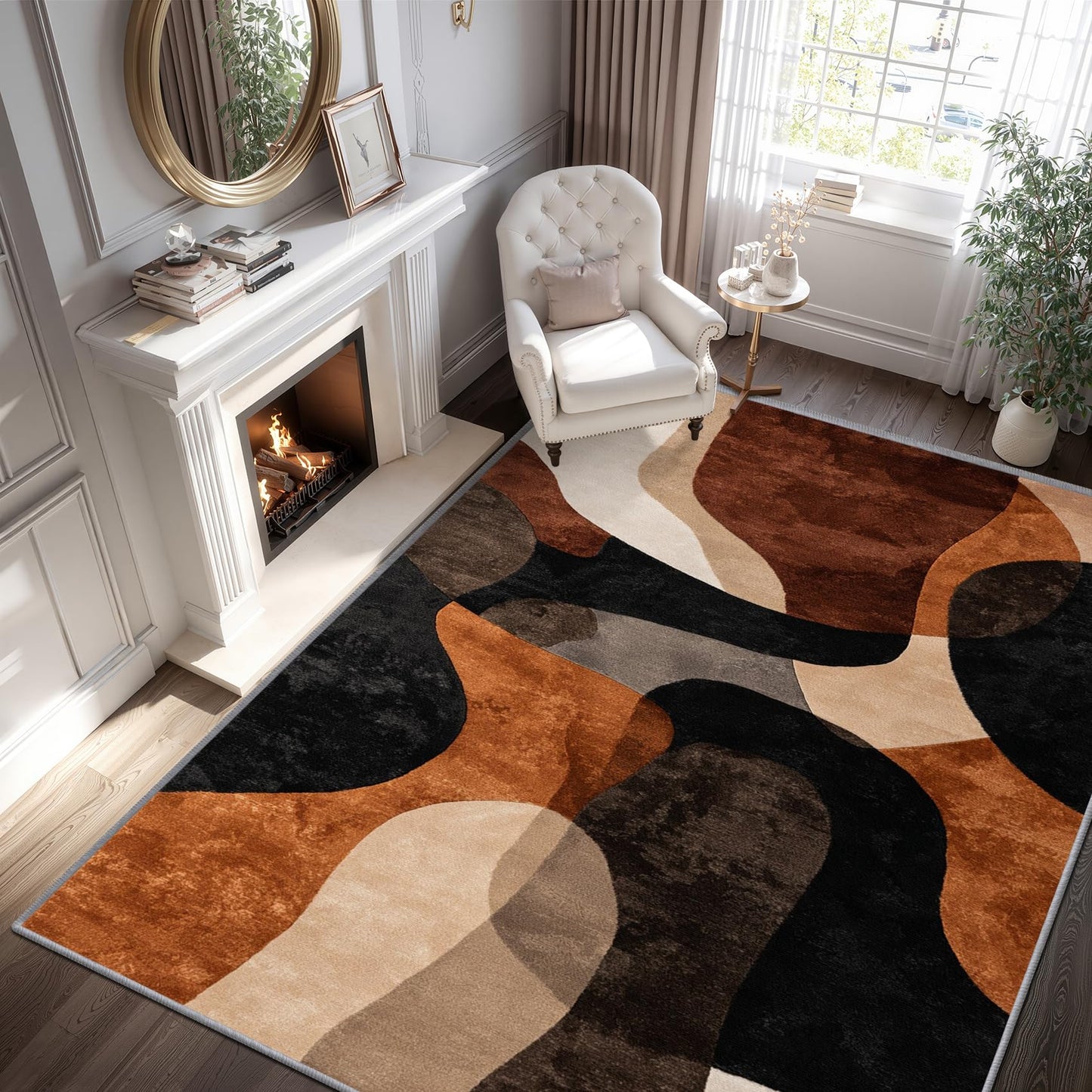 Phtbz Modern Abstract Rugs for Living Room - 5x7 Area Rugs, Earth Tone Geometric Rug, Brown Abstract Mid Century Rug for Living Room, Neutral Geometric Washable Bedroom Carpet, Mid Century Home Decor