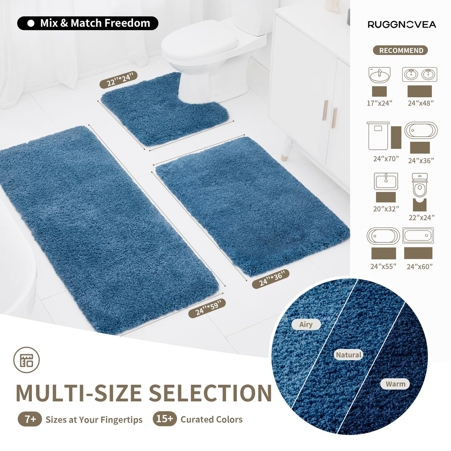 Ruggnovea Bathroom Rugs Non Slip Washable, Ultra Thick Soft Microfiber Absorbent Bath Mats, High Density Foam Latex Non Slip Backing Bath Rugs, Fluffy Floor Carpet for Tub&Shower 24x17, Blue