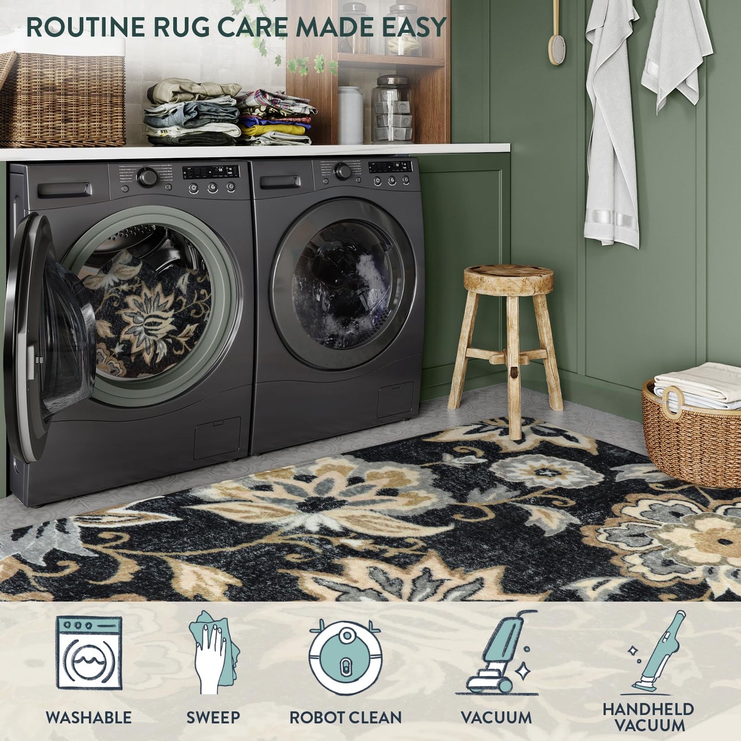 Lahome Floral Washable Living Room Area Rug - 3x5 Non-Slip Low-Pile Rugs for Entryway, Throw Small Stain Resistant Kitchen Rugs Soft Black Paisley Print Carpet for Office Bedroom Laundry Room Office