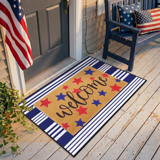 APUDWN 2 Pcs 4th of July Welcome Door Mat Patriotic Star Doormat White Blue Star Door Mats Non-Slip Coir Doormat with Stripes Layered Rug for America 250th Anniversary, Front Porch Entryway Decor